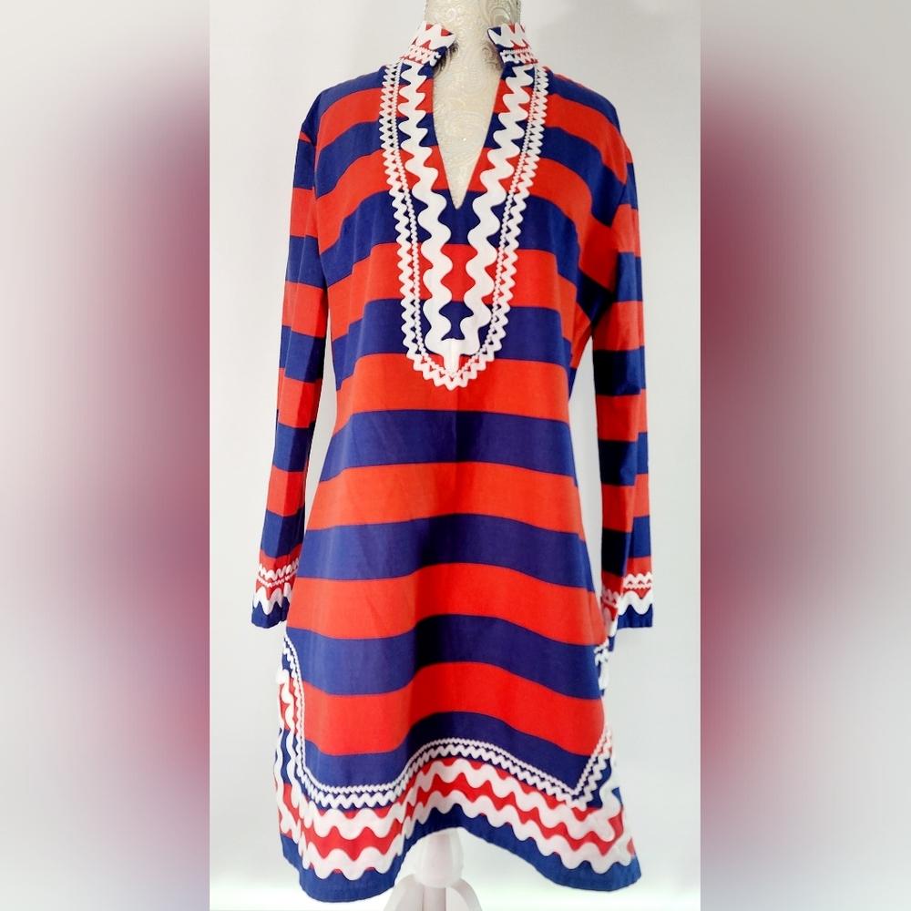 Sail to Sable navy & red long sleeve classic tunic with white grosgrain ric-rac